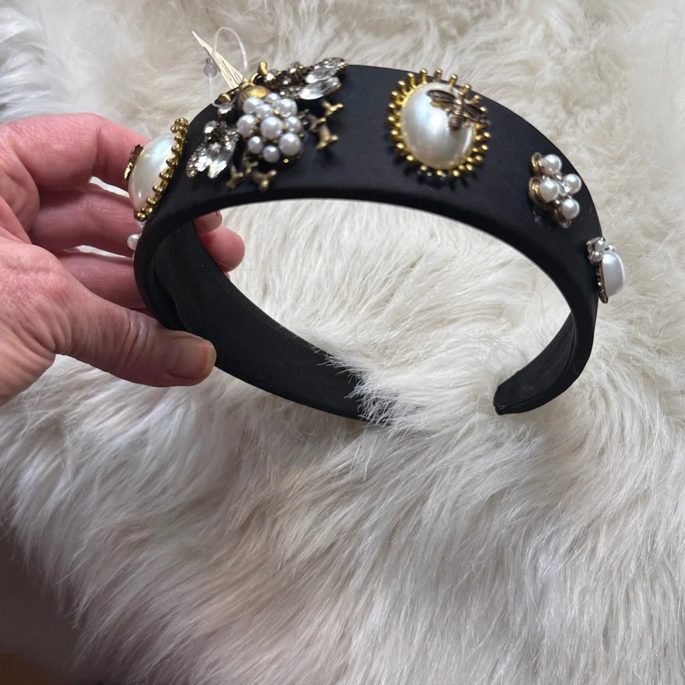 Bee pearl Headband black baroque inspired faux‎ pearls gold tone Victorian *flaw
